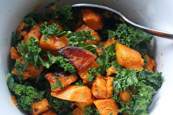 kale and roasted sweet potato in a bowl